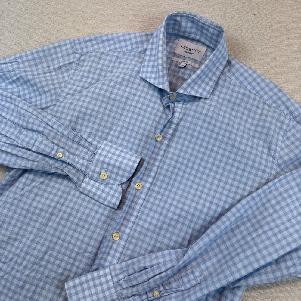 Ledbury 15.5 Medium Button Down Shirt Mens Blue Gingham Slim Fit Fine Shirting